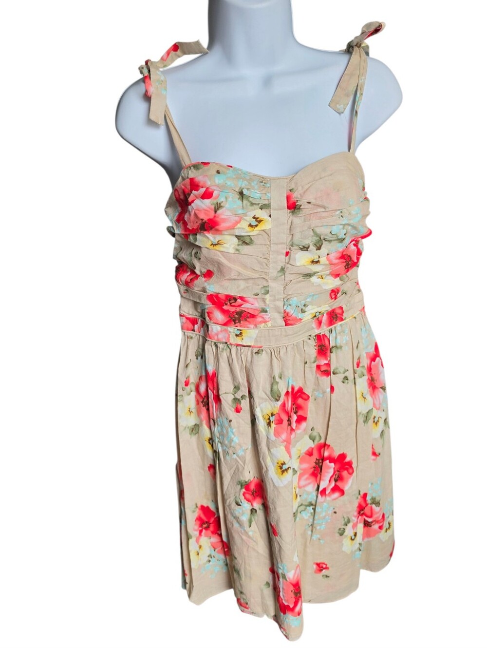Miss Sixty M60 Floral Sun Dress Size 8 Ruched Tie Strap Y2K Tan Red